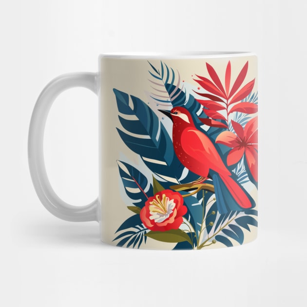 Red bird and exotic flowers Christmas decoration floral Boho chic design by sofiartmedia